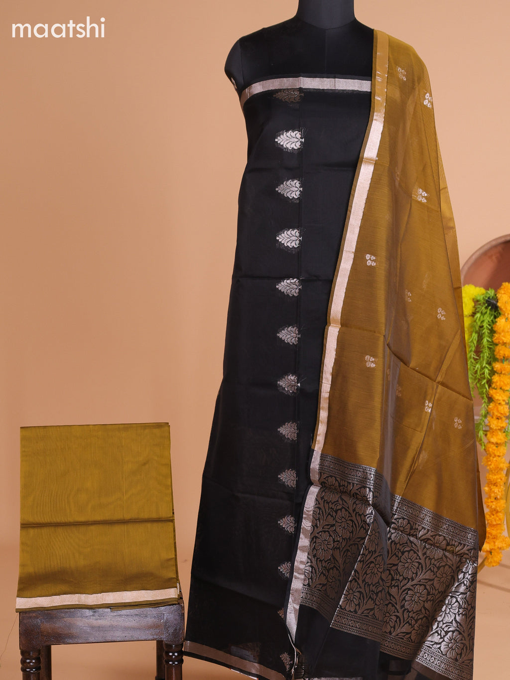 Black and Mustard Green Semi Silk Cotton Dress Material With Zari Buttas And Bottom & Dupatta