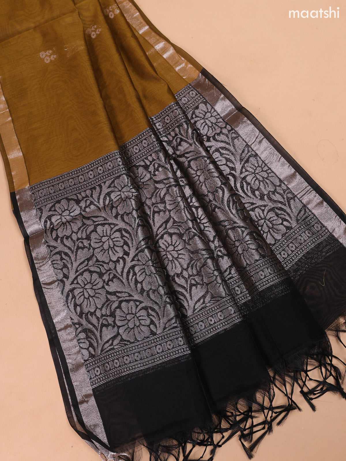 Black and Mustard Green Semi Silk Cotton Dress Material With Zari Buttas And Bottom & Dupatta