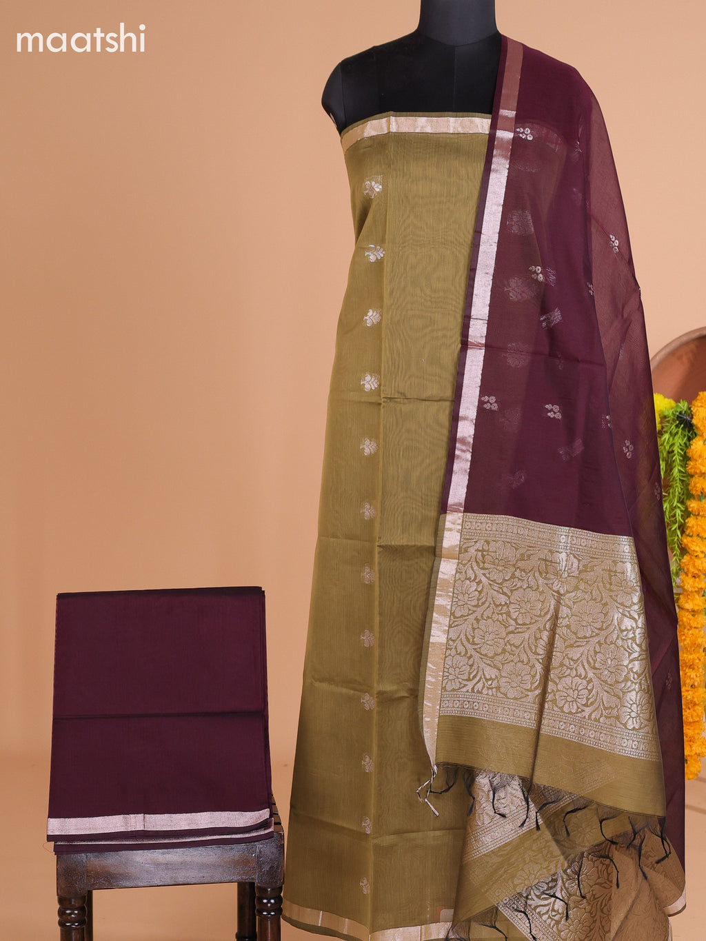 Mehendi Green and Dark Maroon Semi Silk Cotton Dress Material With Zari Buttas And Bottom & Dupatta