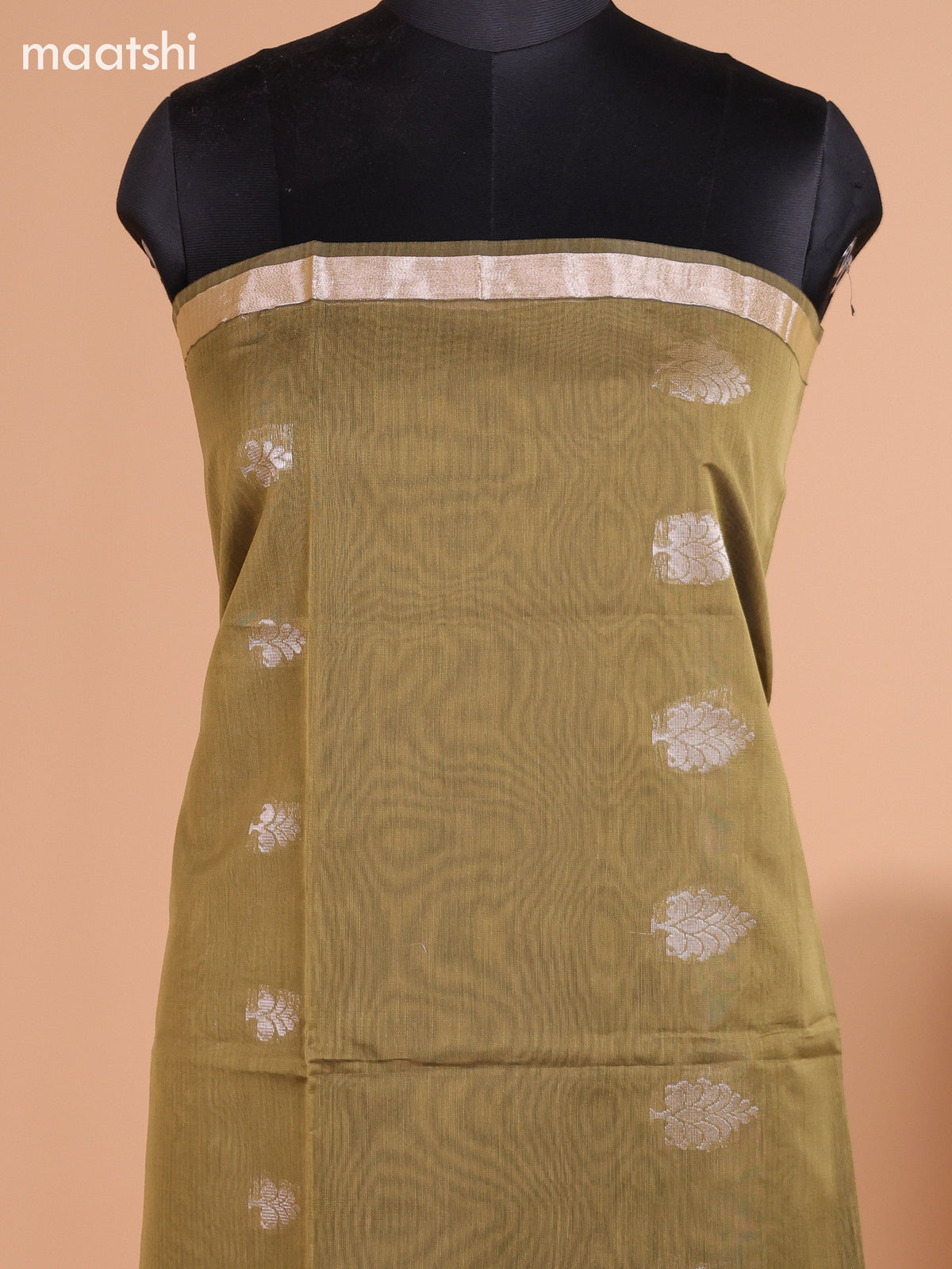 Mehendi Green and Dark Maroon Semi Silk Cotton Dress Material With Zari Buttas And Bottom & Dupatta