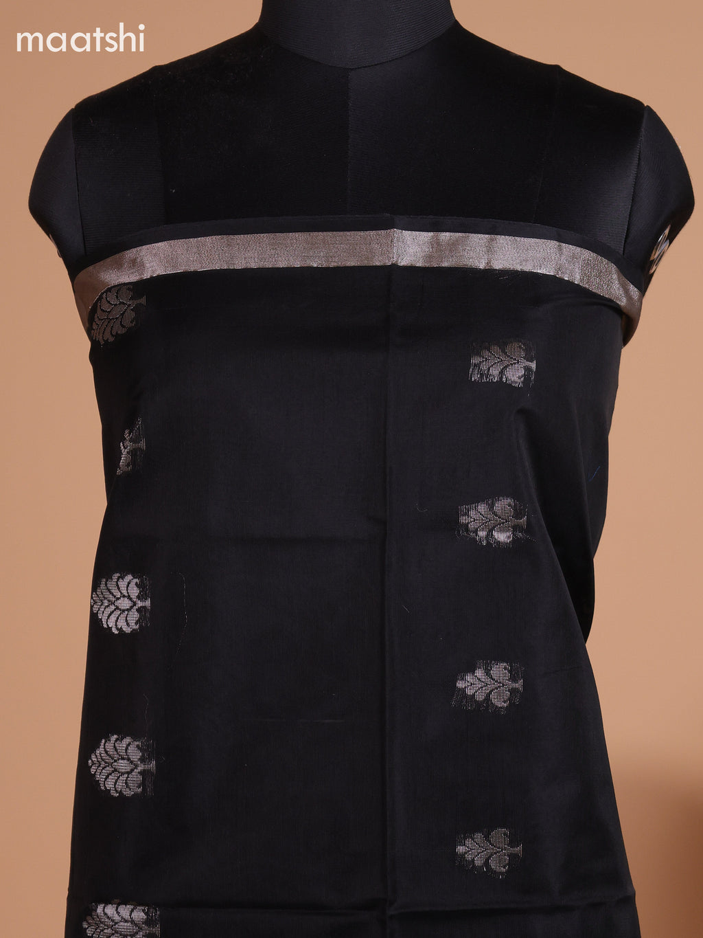 Black and Pastel Grey Semi Silk Cotton Dress Material With Zari Buttas And Bottom & Dupatta