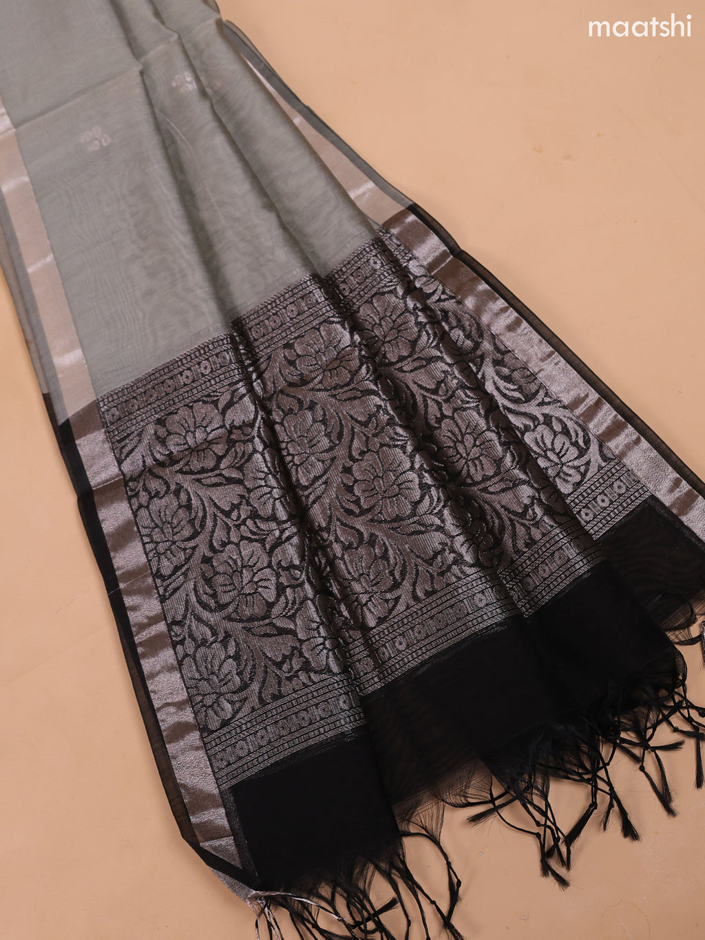Black and Pastel Grey Semi Silk Cotton Dress Material With Zari Buttas And Bottom & Dupatta