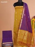 Dual Shade Of Mehendi Green and Dark Violet Semi Silk Cotton Dress Material With Zari Buttas And Bottom & Dupatta