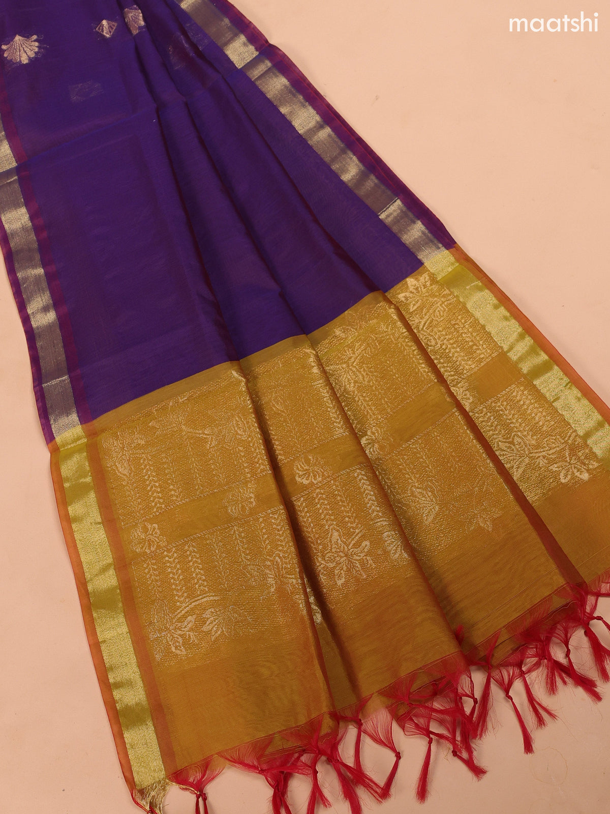 Dual Shade Of Mehendi Green and Dark Violet Semi Silk Cotton Dress Material With Zari Buttas And Bottom & Dupatta