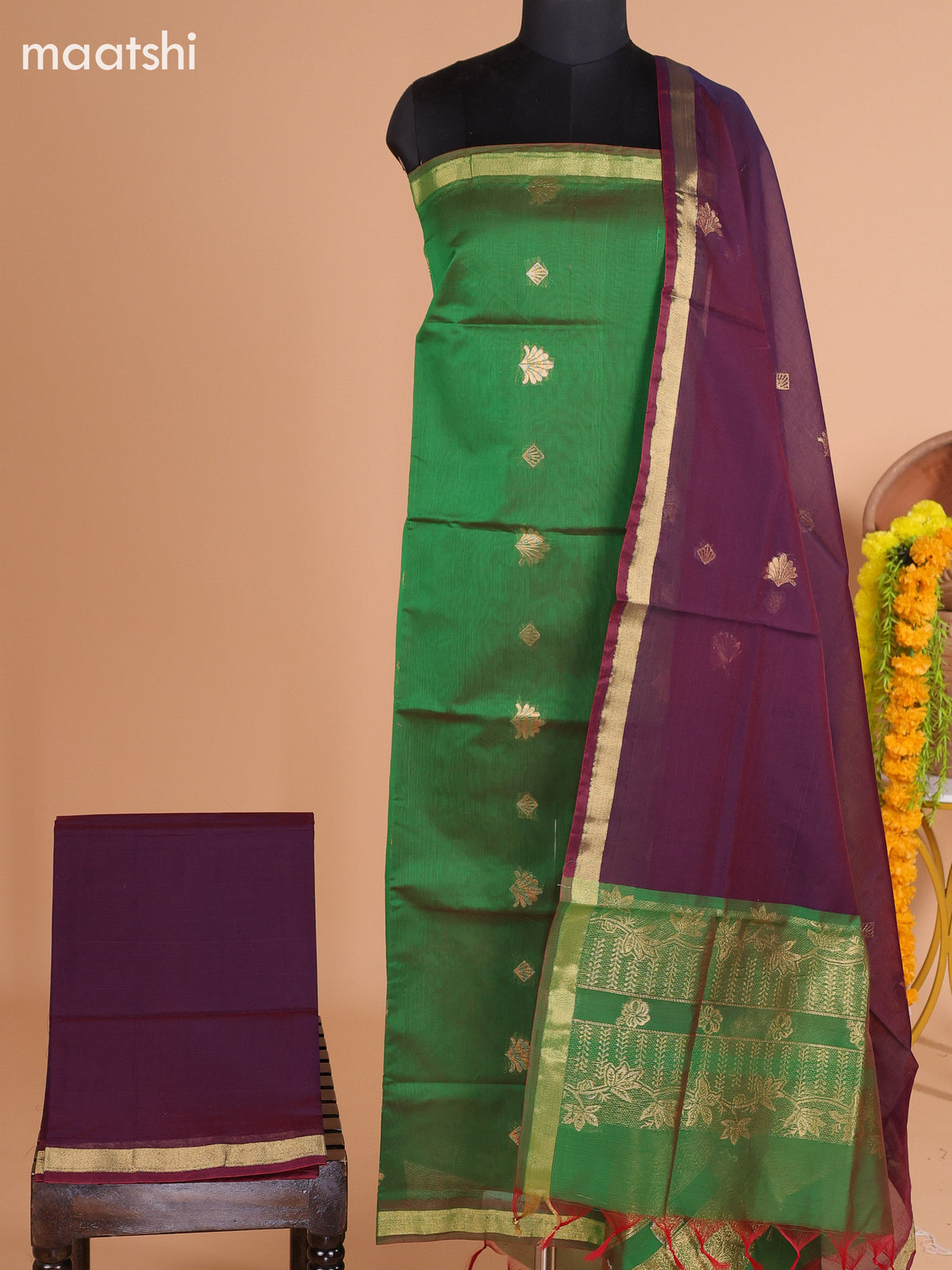 Green and Dark Maroon Semi Silk Cotton Dress Material With Zari Buttas And Bottom & Dupatta