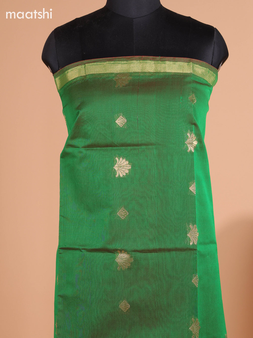 Green and Dark Maroon Semi Silk Cotton Dress Material With Zari Buttas And Bottom & Dupatta