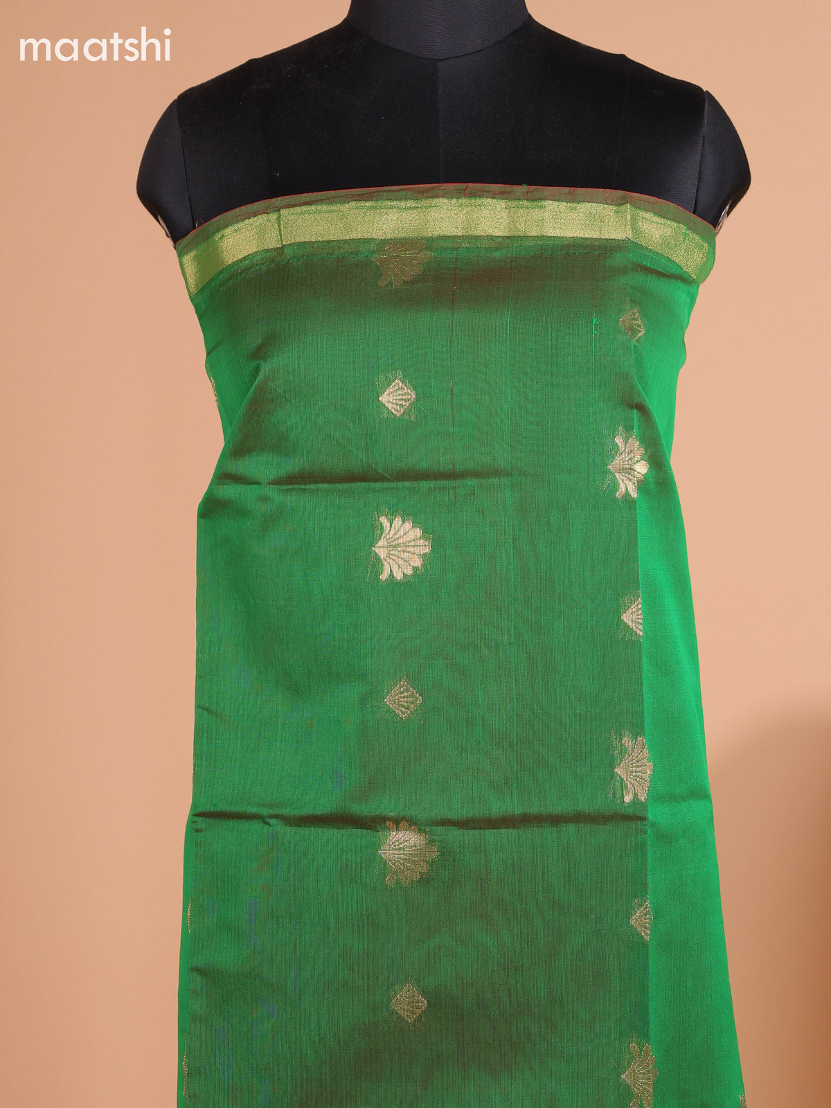 Green and Dark Maroon Semi Silk Cotton Dress Material With Zari Buttas And Bottom & Dupatta