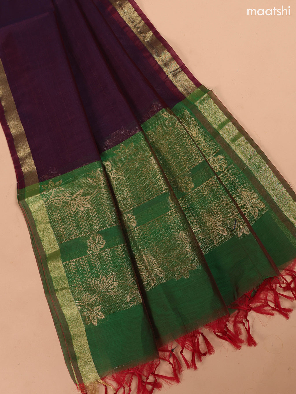 Green and Dark Maroon Semi Silk Cotton Dress Material With Zari Buttas And Bottom & Dupatta