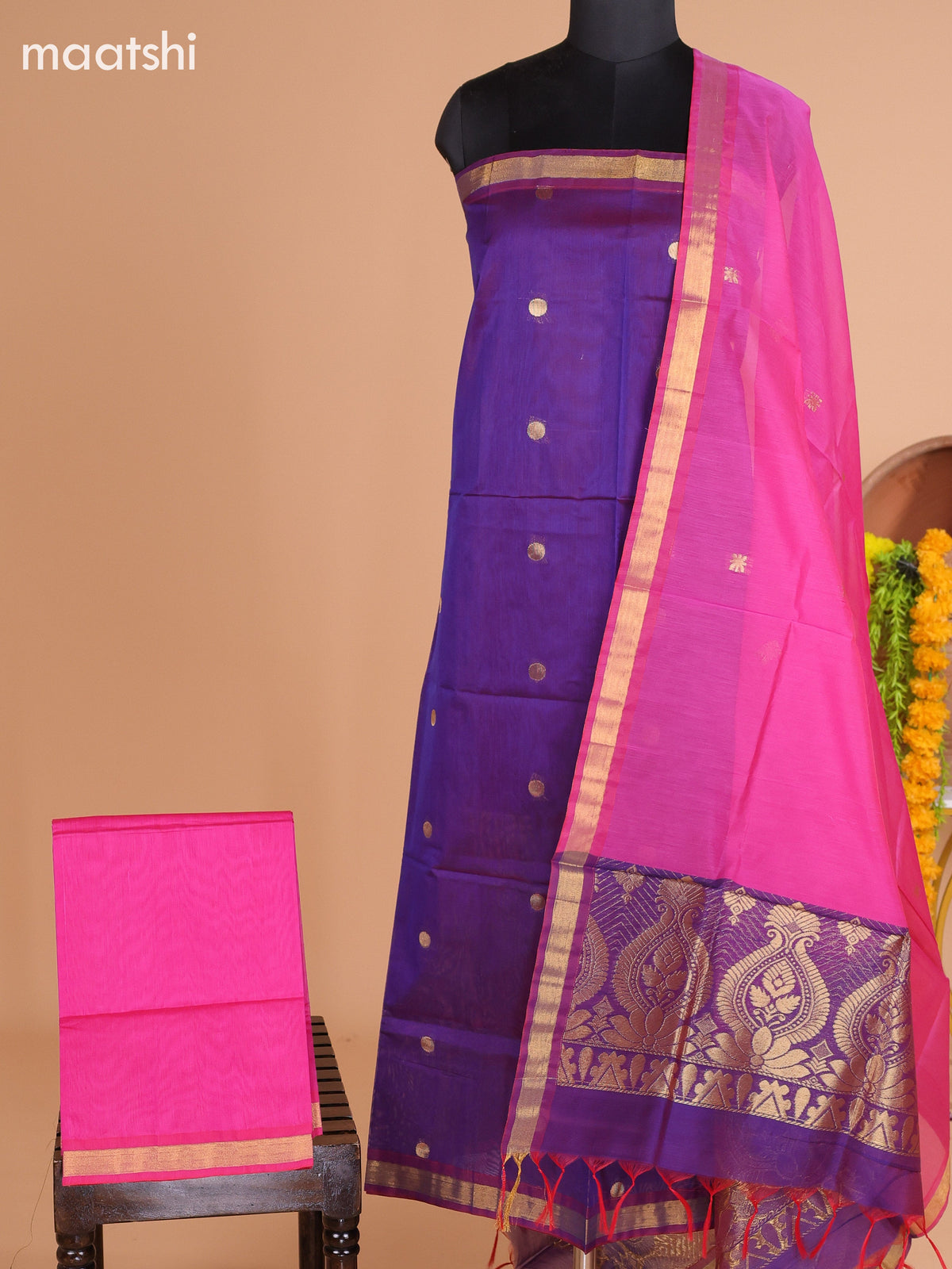 Dual Shade Of Violet and Pink Semi Silk Cotton Dress Material With Zari Buttas And Bottom & Dupatta