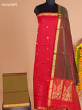 Red and Mehendi Green Semi Silk Cotton Dress Material With Zari Buttas And Bottom & Dupatta