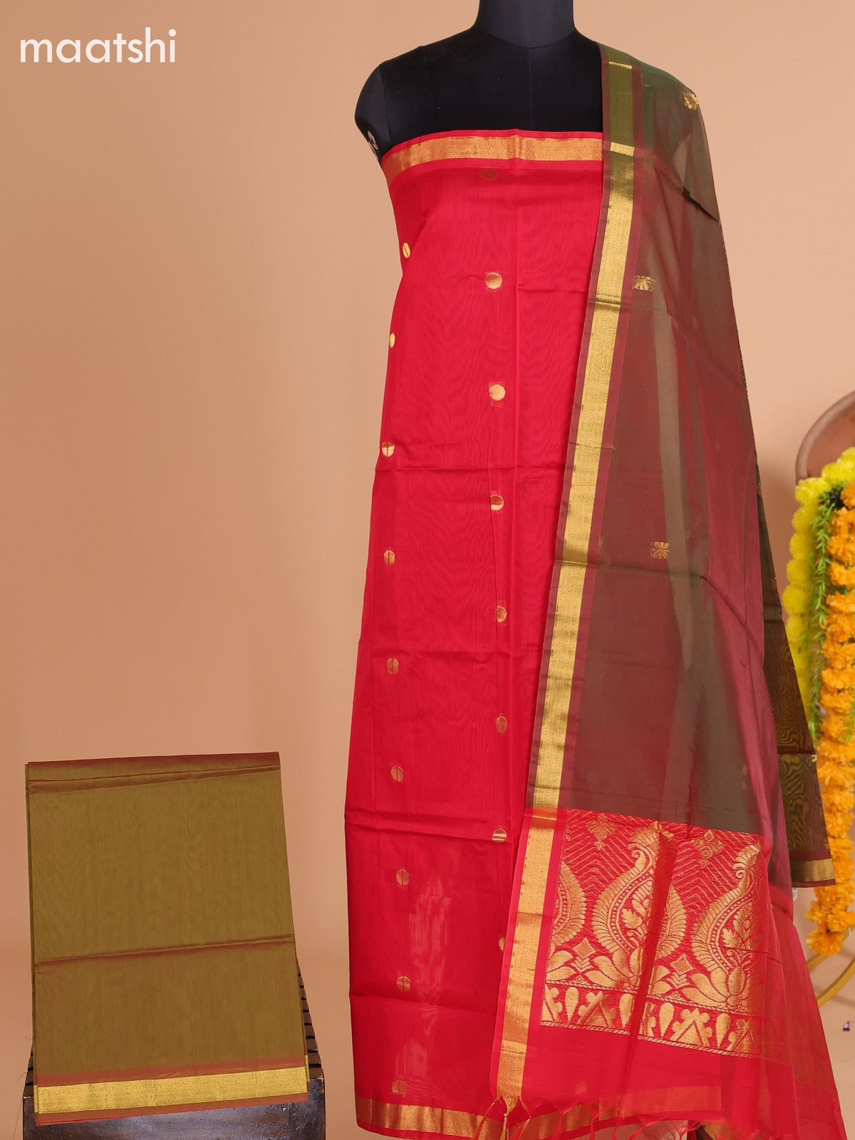 Red and Mehendi Green Semi Silk Cotton Dress Material With Zari Buttas And Bottom & Dupatta