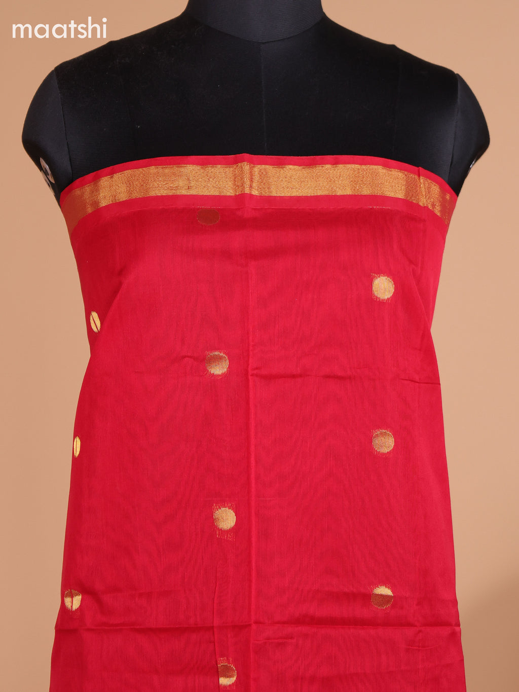 Red and Mehendi Green Semi Silk Cotton Dress Material With Zari Buttas And Bottom & Dupatta
