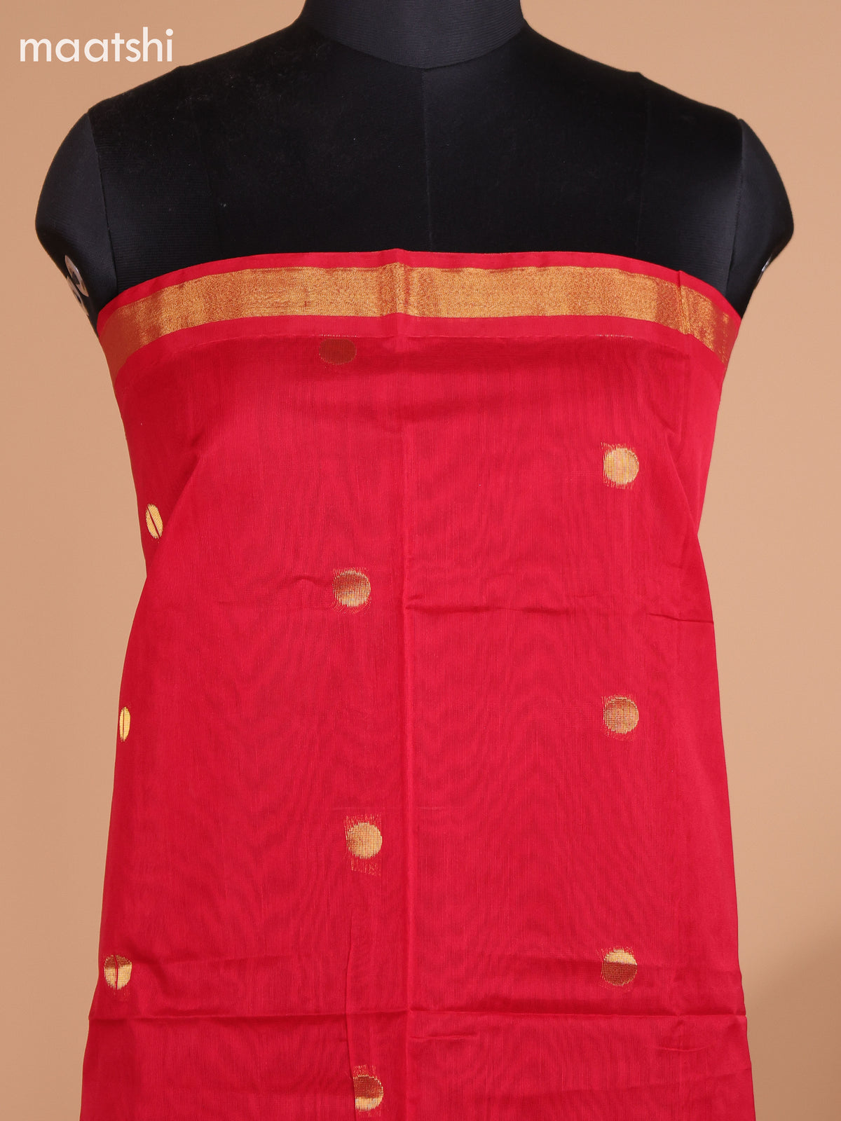 Red and Mehendi Green Semi Silk Cotton Dress Material With Zari Buttas And Bottom & Dupatta