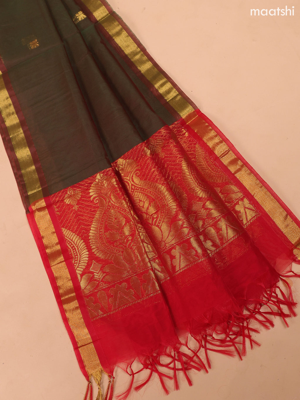 Red and Mehendi Green Semi Silk Cotton Dress Material With Zari Buttas And Bottom & Dupatta