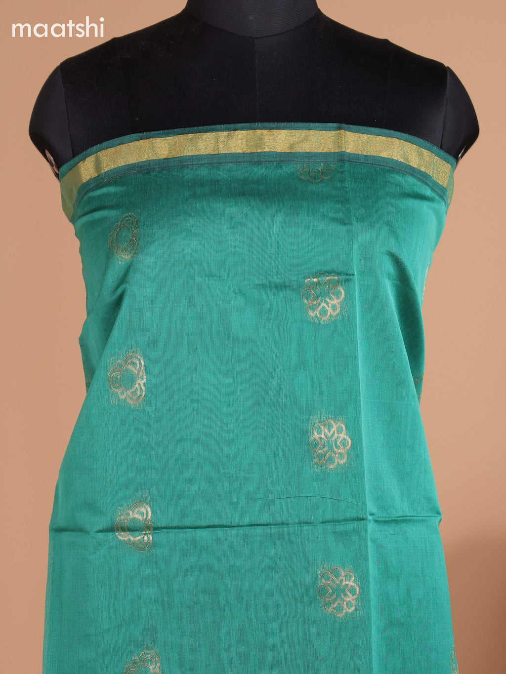 Pastel Green and Blue Semi Silk Cotton Dress Material With Zari Buttas And Bottom & Dupatta