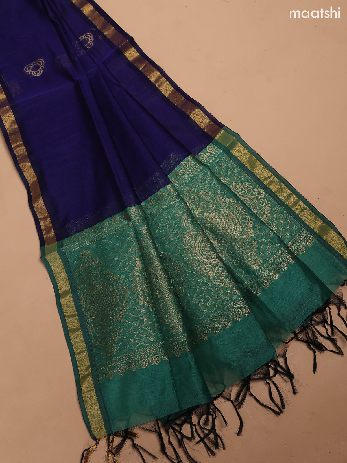 Pastel Green and Blue Semi Silk Cotton Dress Material With Zari Buttas And Bottom & Dupatta