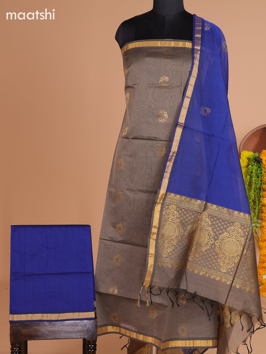 Dark Elaichi Green and Blue Semi Silk Cotton Dress Material With Zari Buttas And Bottom & Dupatta