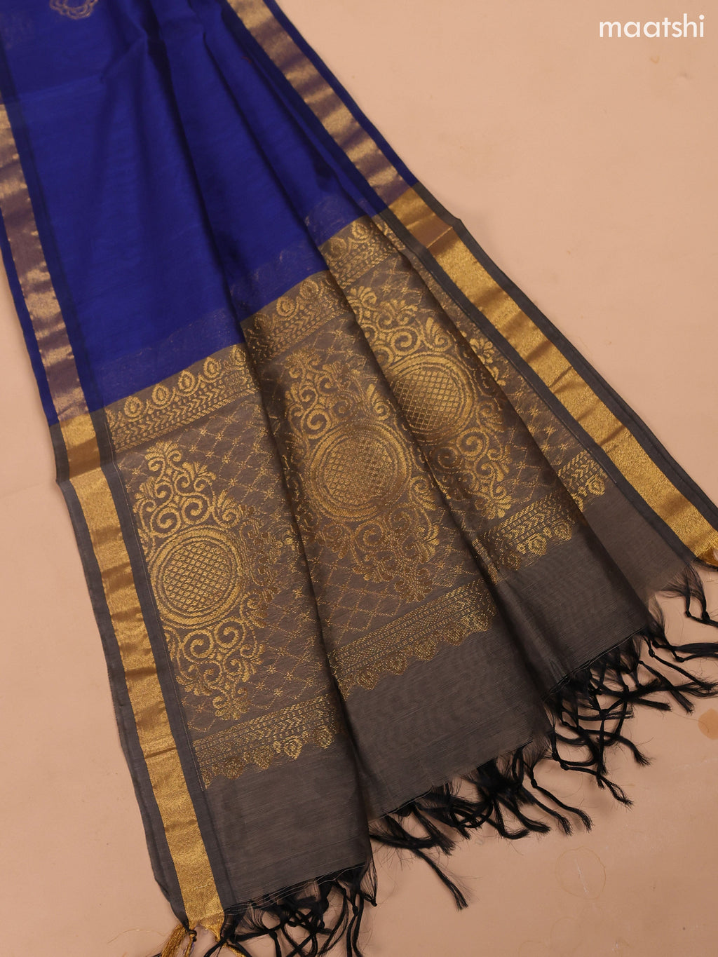 Dark Elaichi Green and Blue Semi Silk Cotton Dress Material With Zari Buttas And Bottom & Dupatta