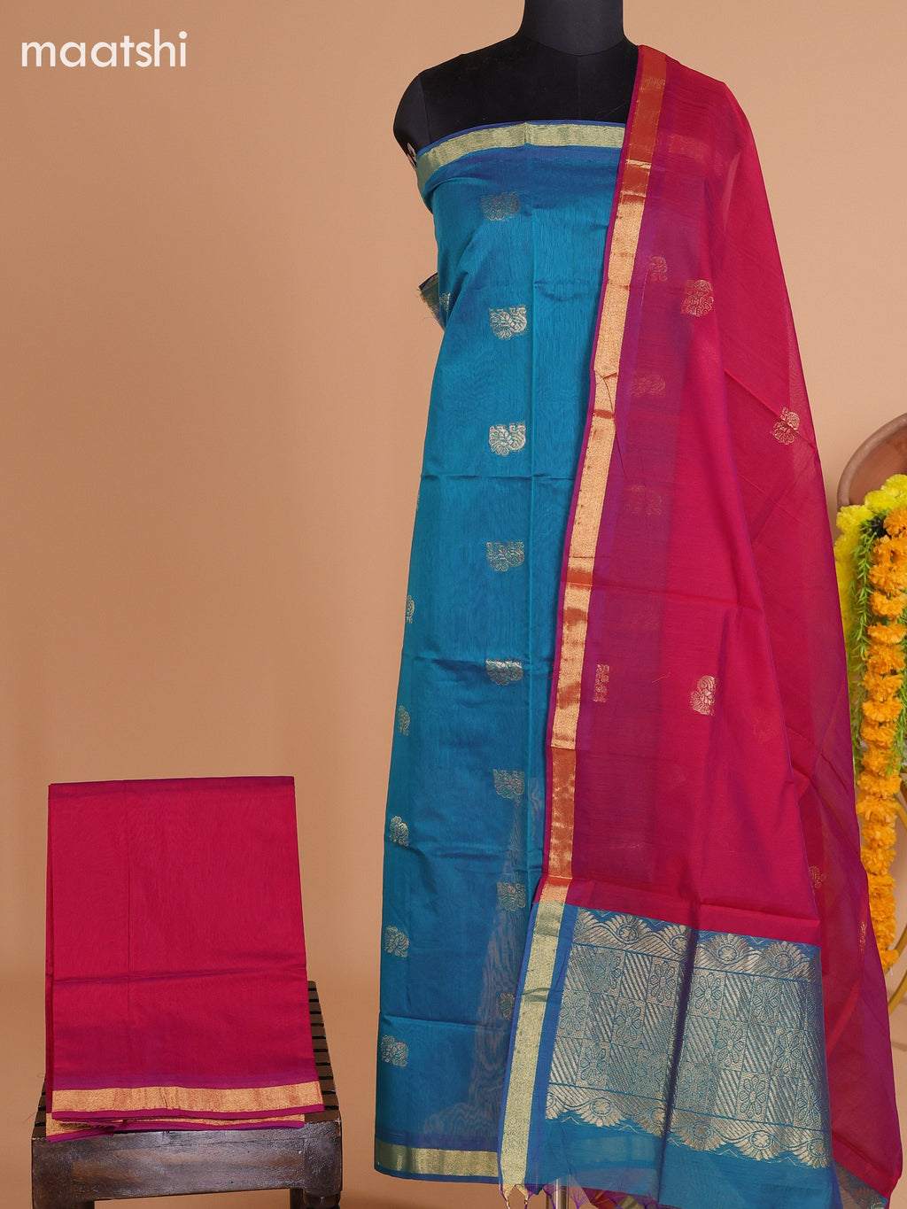 Peacock Green and Maroon Semi Silk Cotton Dress Material With Zari Buttas And Bottom & Dupatta
