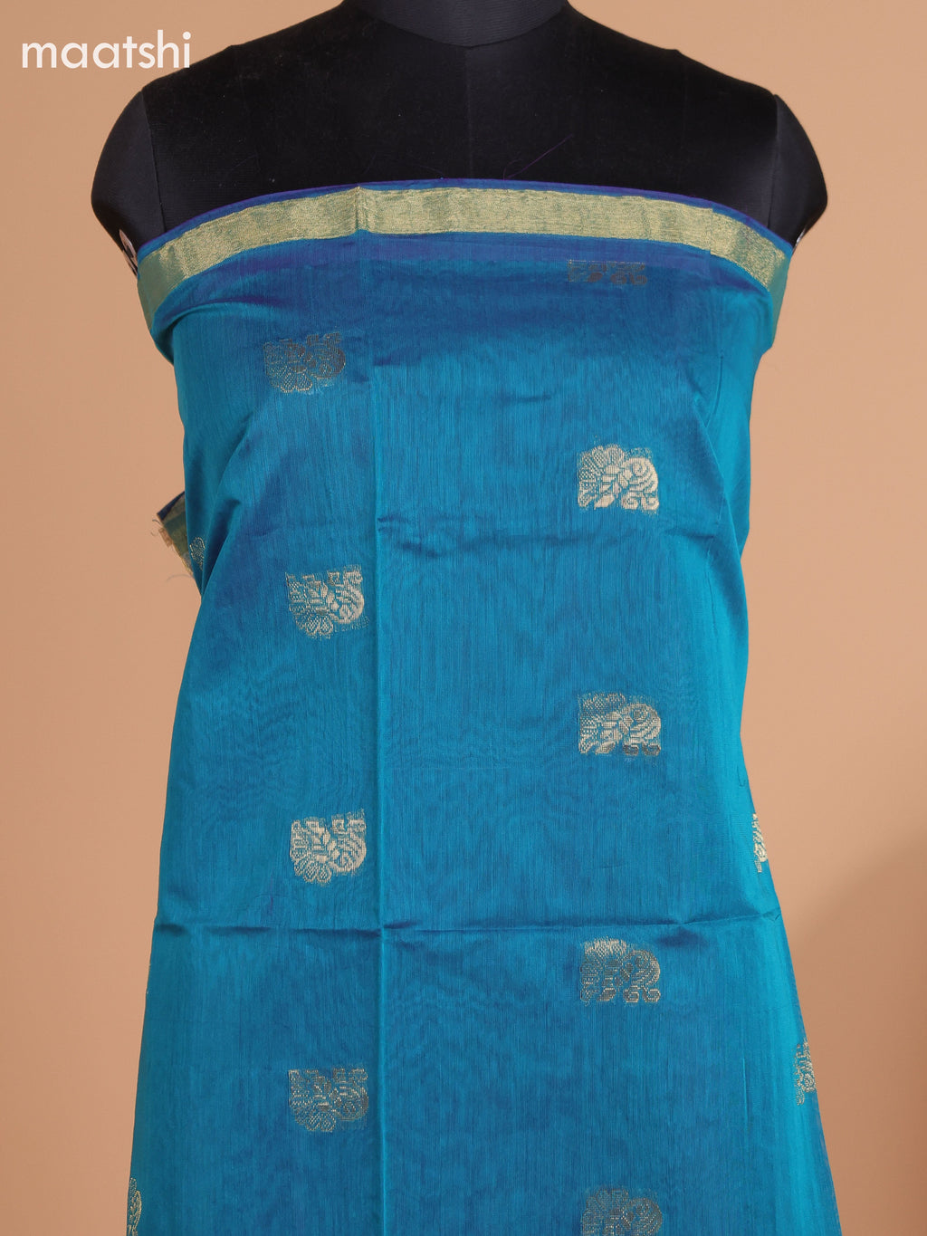 Peacock Green and Maroon Semi Silk Cotton Dress Material With Zari Buttas And Bottom & Dupatta