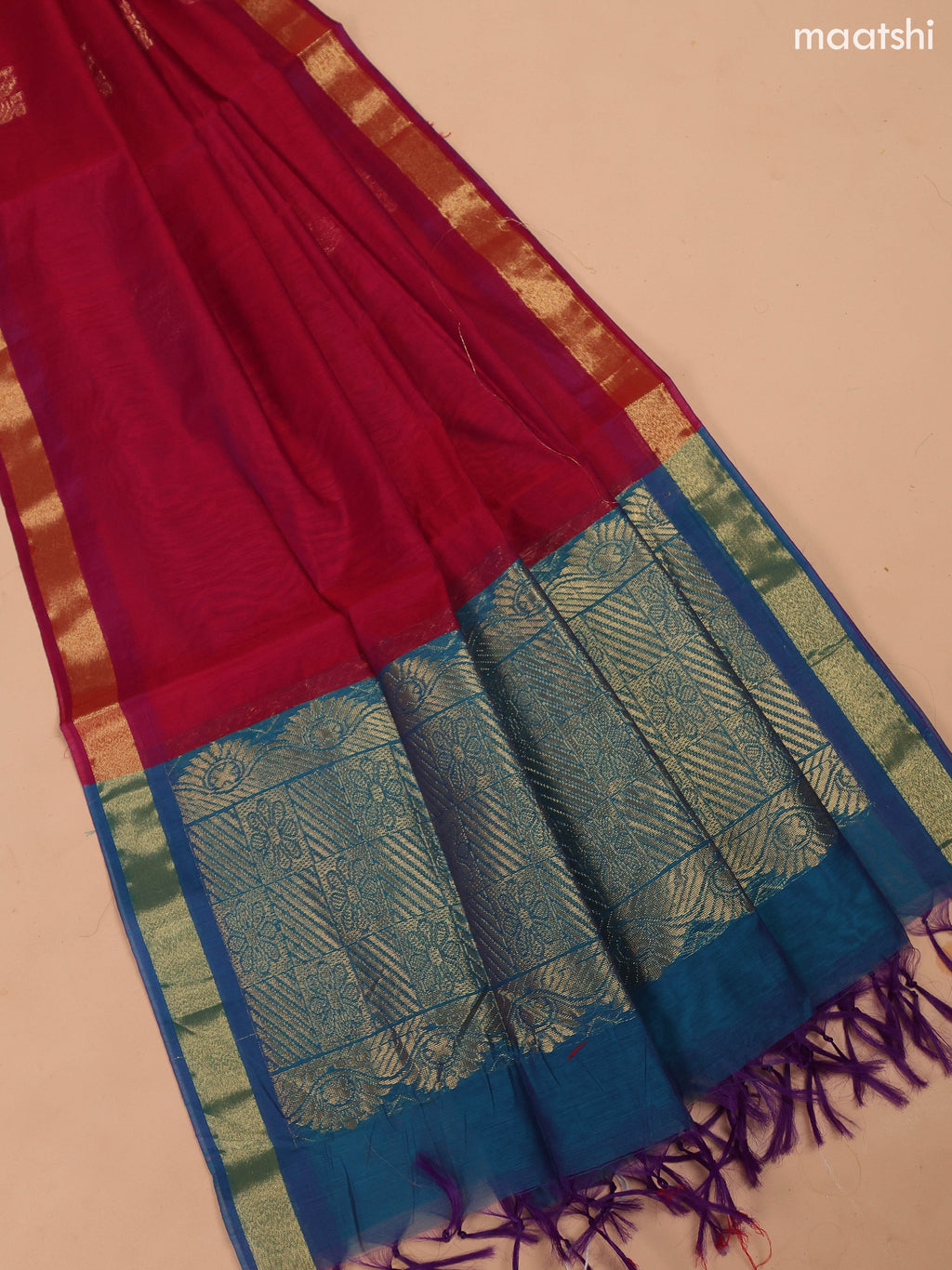 Peacock Green and Maroon Semi Silk Cotton Dress Material With Zari Buttas And Bottom & Dupatta