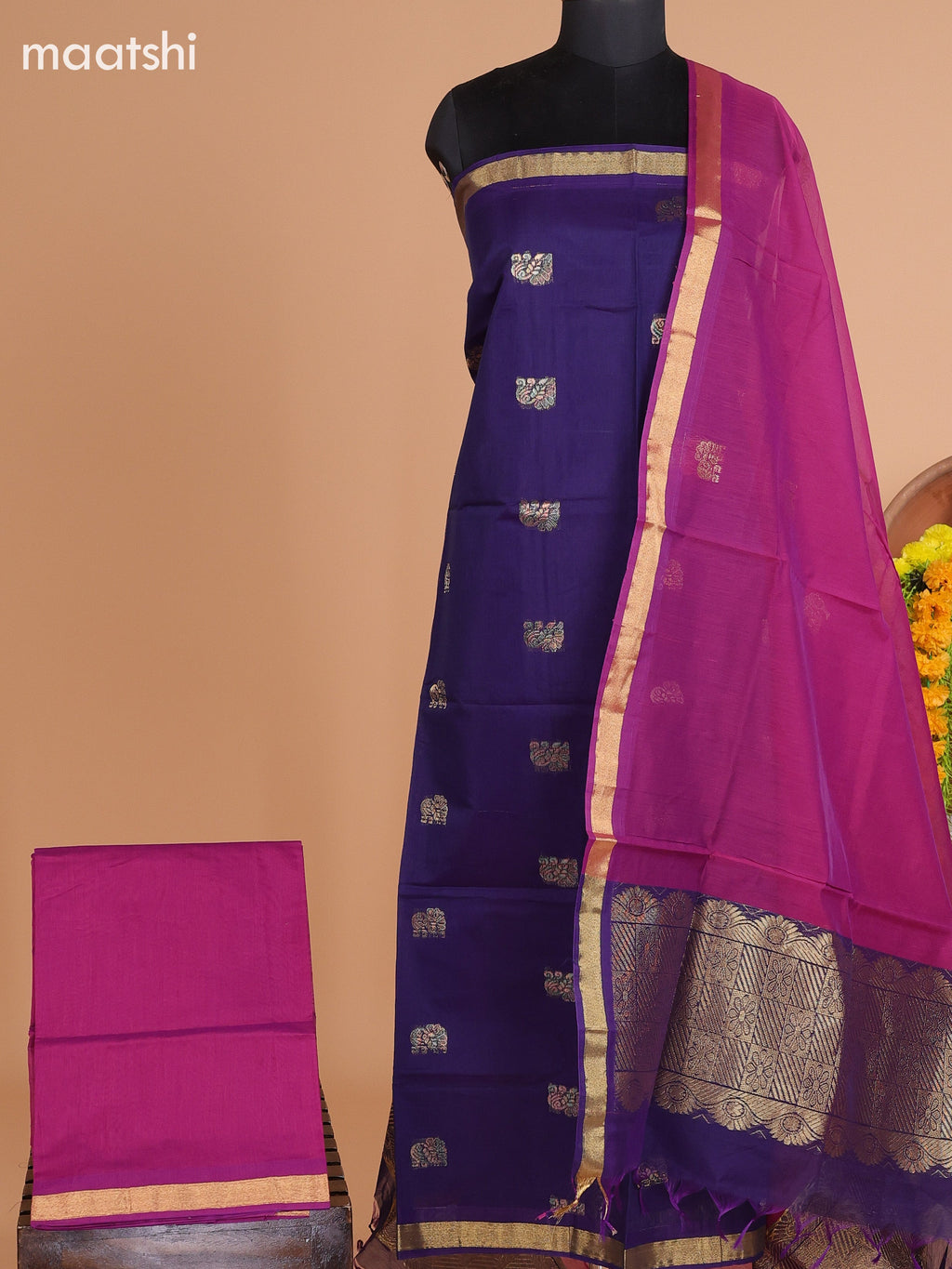 Dark Blue and Magenta Pink Semi Silk Cotton Dress Material With Zari Buttas and Bottom & Dupatta