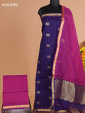 Dark Blue and Magenta Pink Semi Silk Cotton Dress Material With Zari Buttas and Bottom & Dupatta