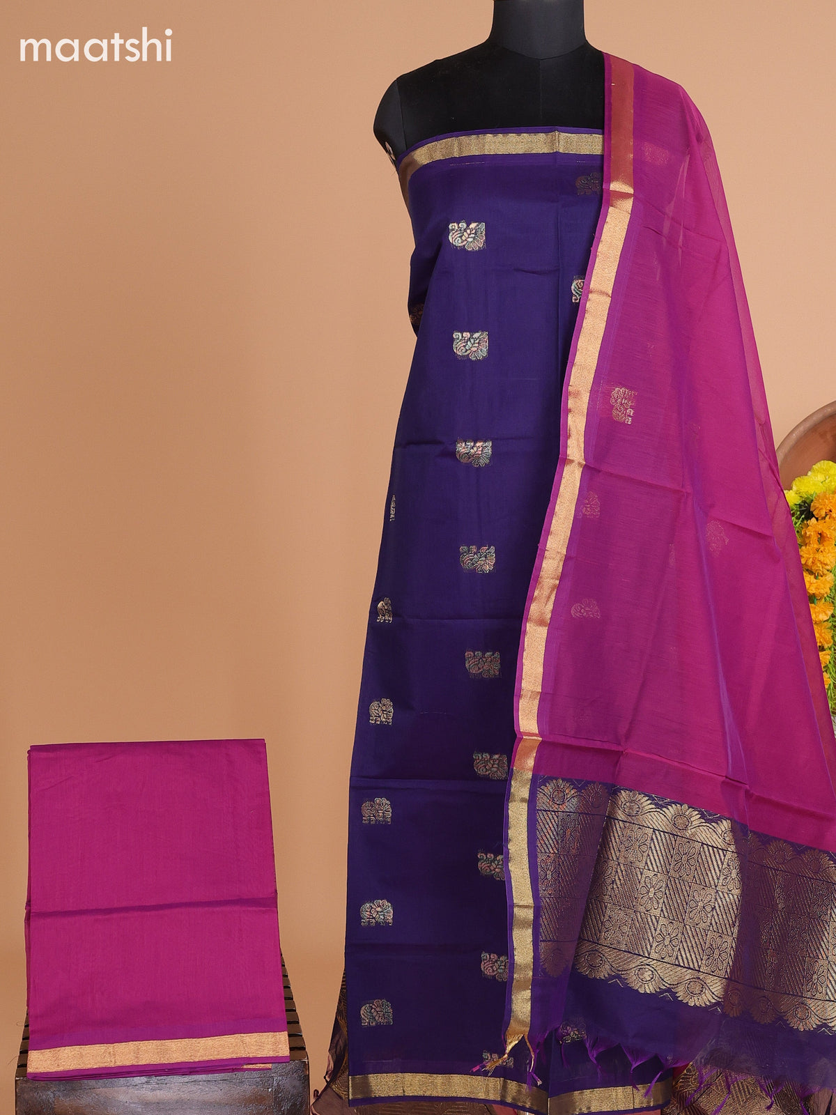 Dark Blue and Magenta Pink Semi Silk Cotton Dress Material With Zari Buttas and Bottom & Dupatta