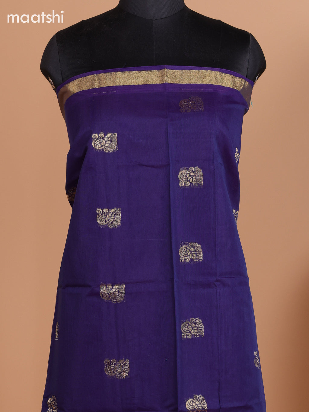 Dark Blue and Magenta Pink Semi Silk Cotton Dress Material With Zari Buttas and Bottom & Dupatta