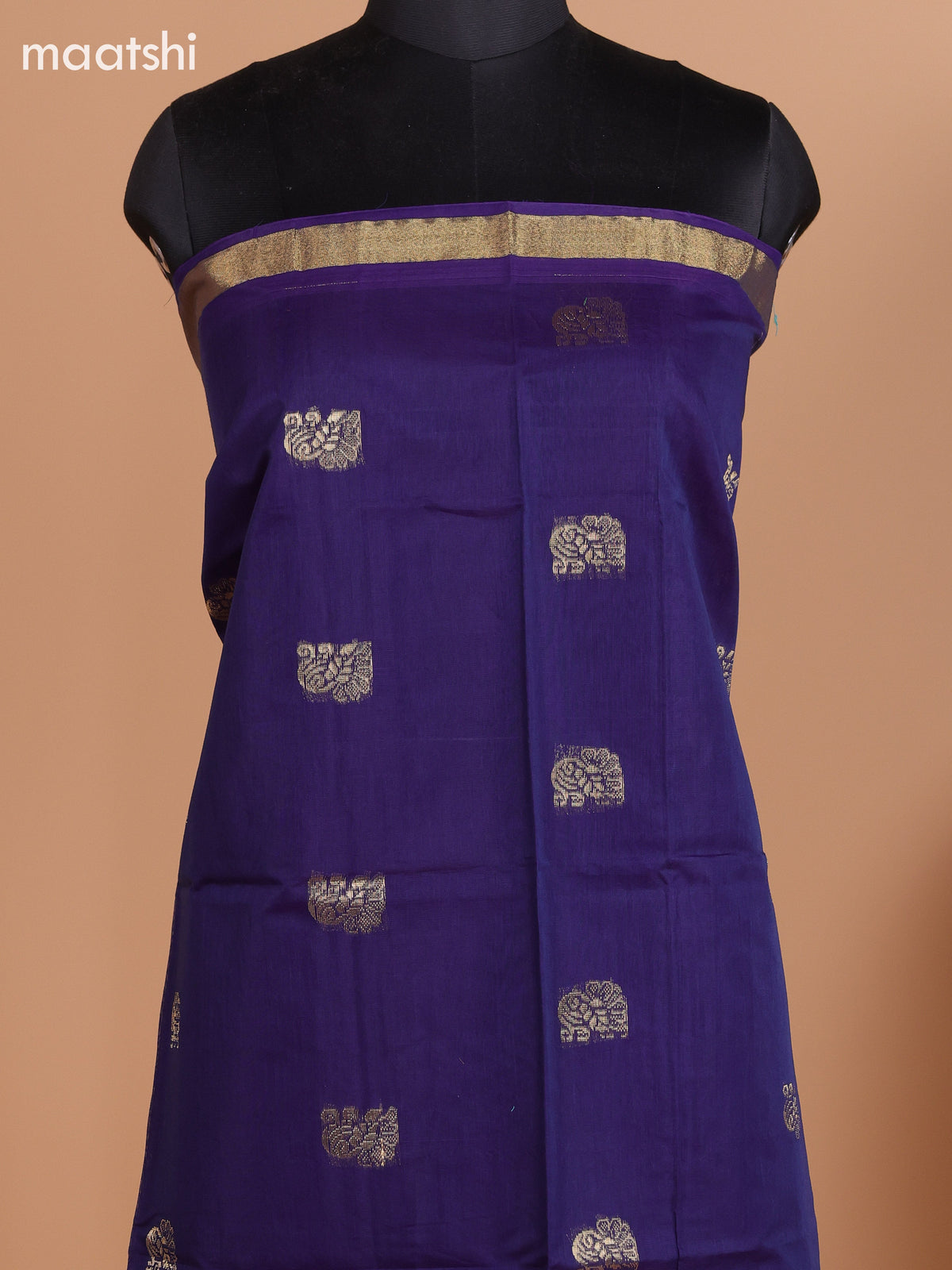 Dark Blue and Magenta Pink Semi Silk Cotton Dress Material With Zari Buttas and Bottom & Dupatta