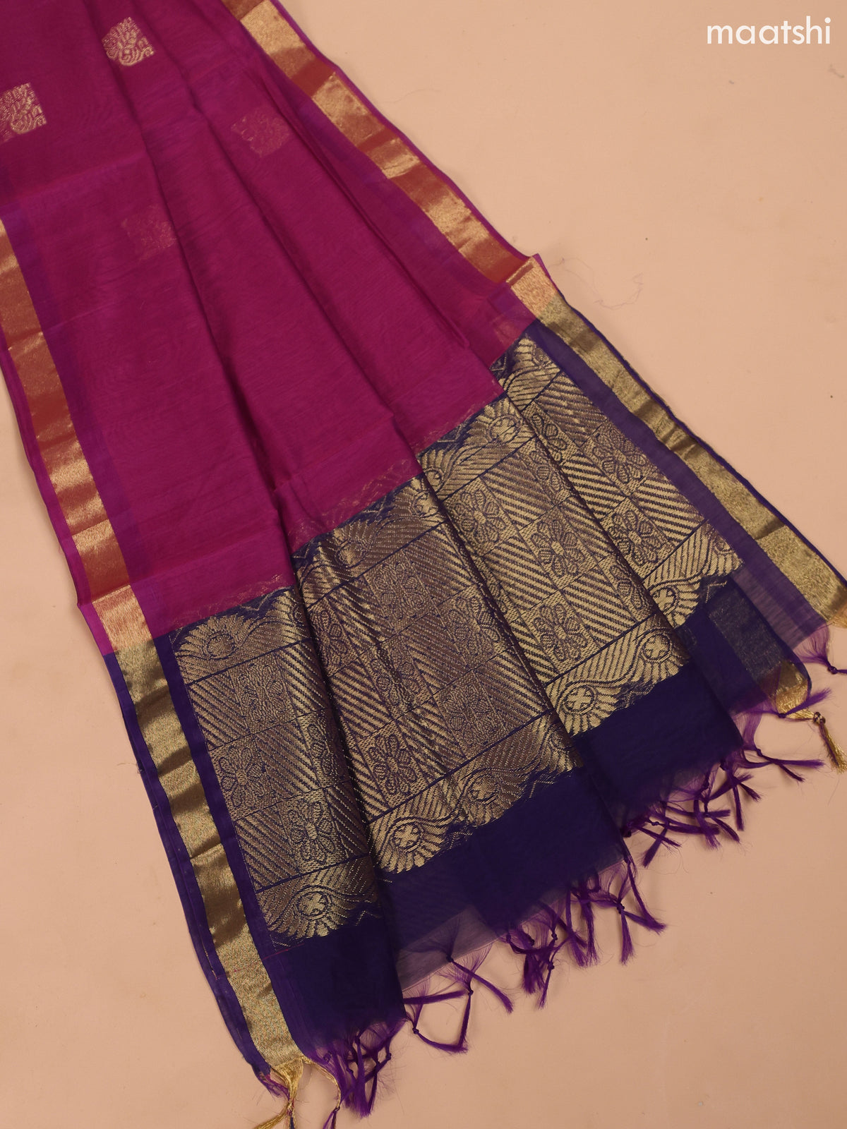 Dark Blue and Magenta Pink Semi Silk Cotton Dress Material With Zari Buttas and Bottom & Dupatta