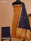 Dark Mustard Yellow and Black Semi Silk Cotton Dress Material With Zari Buttas And Bottom & Dupatta