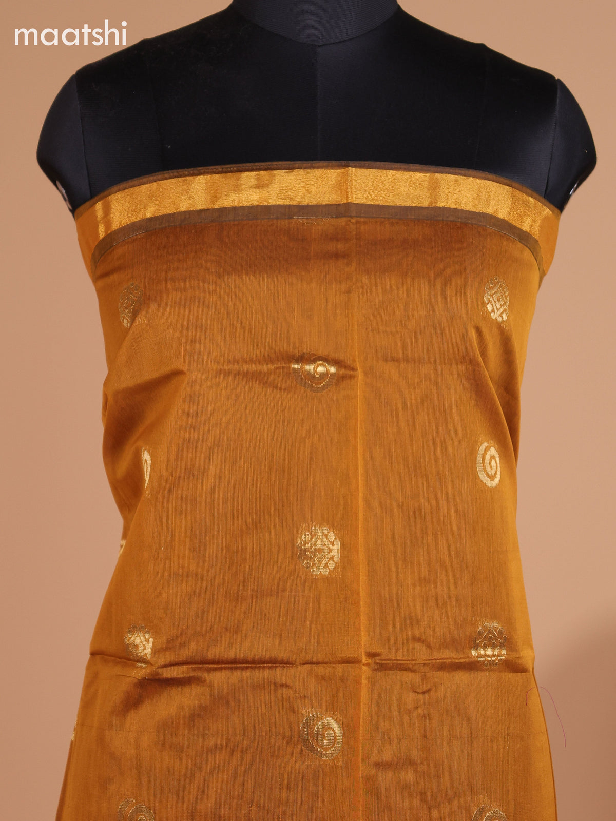 Dark Mustard Yellow and Black Semi Silk Cotton Dress Material With Zari Buttas And Bottom & Dupatta