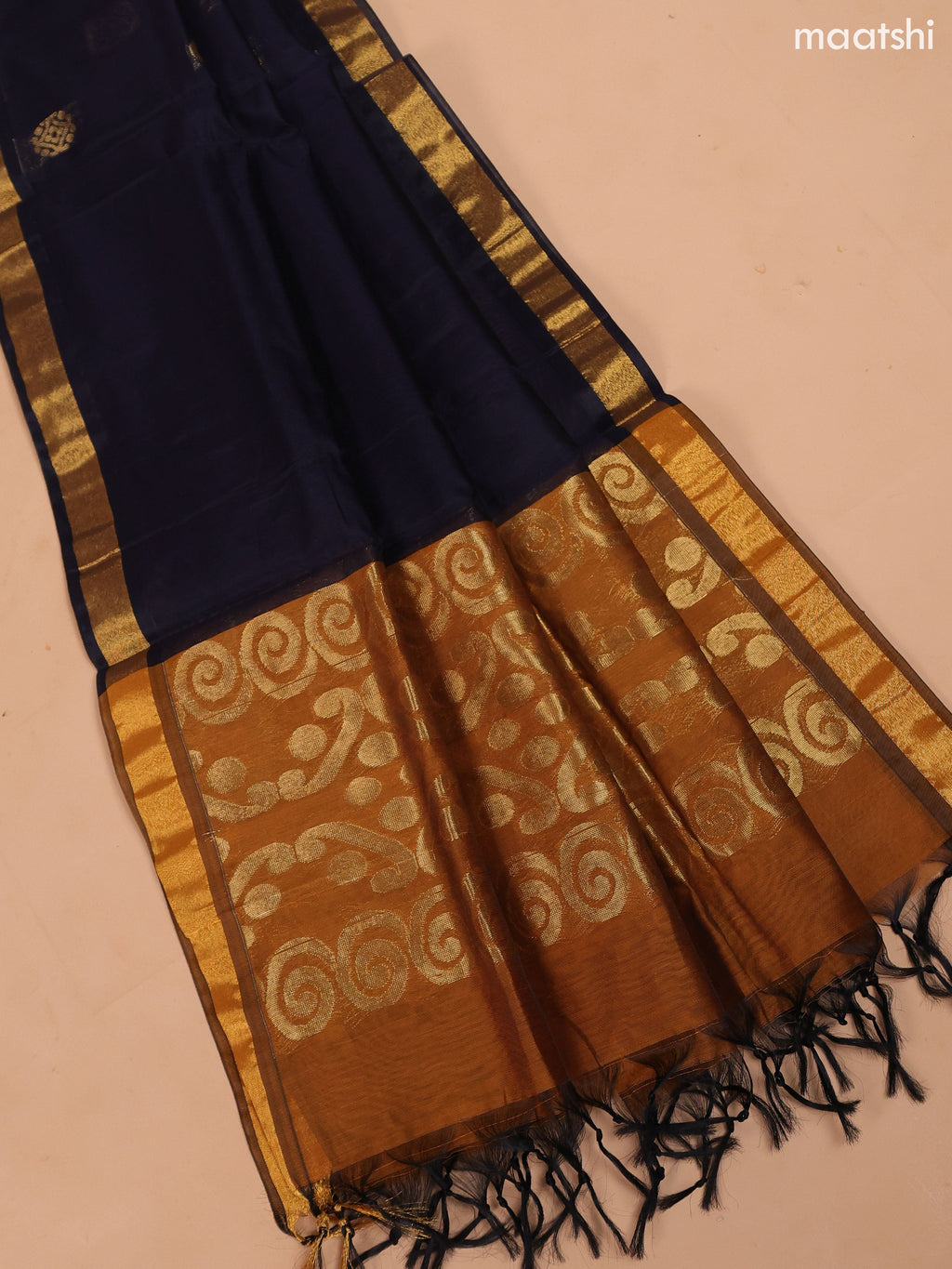 Dark Mustard Yellow and Black Semi Silk Cotton Dress Material With Zari Buttas And Bottom & Dupatta