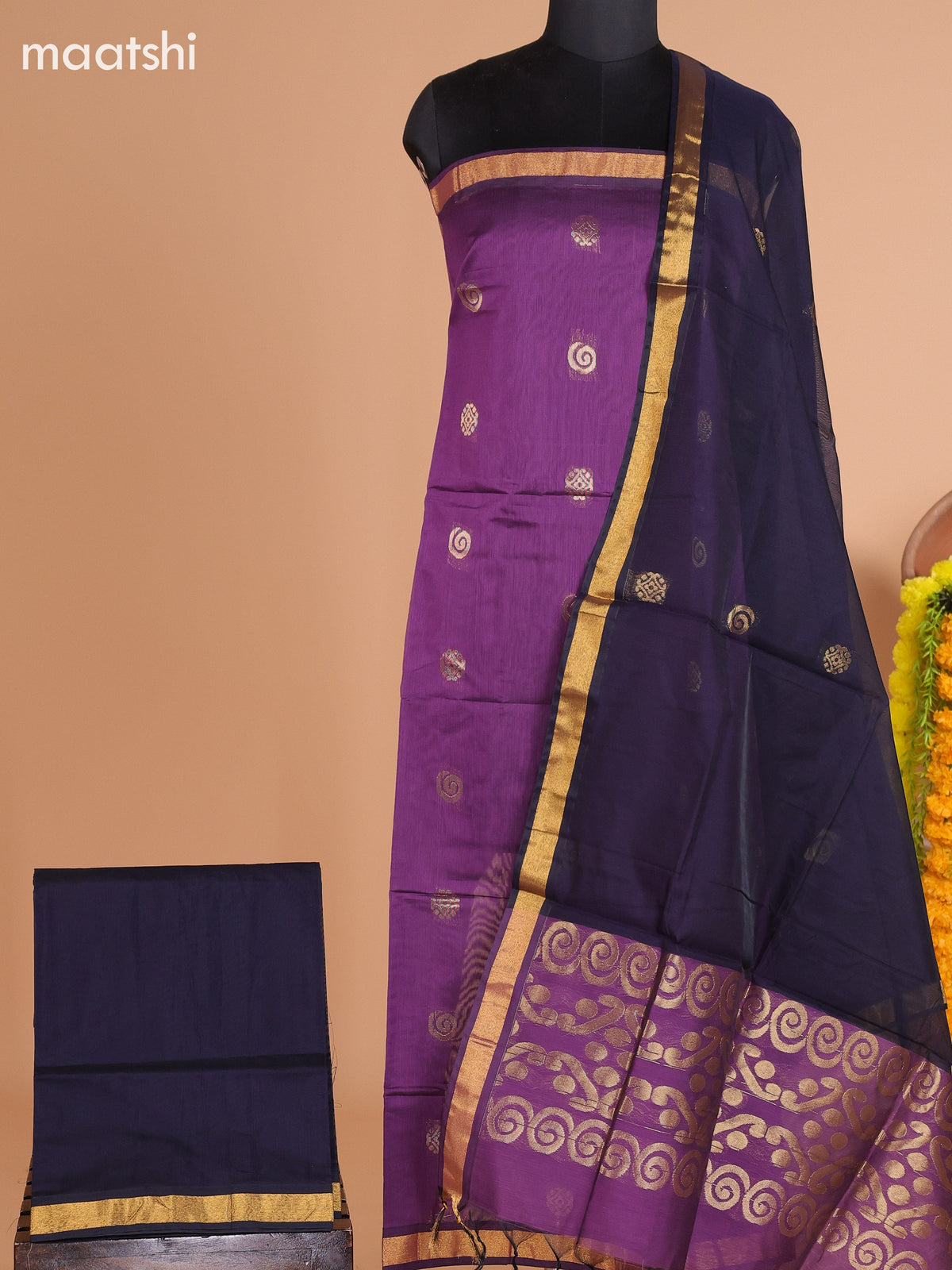 Pastel Purple and Black Semi Silk Cotton Dress Material With Zari Buttas and Bottom & Dupatta