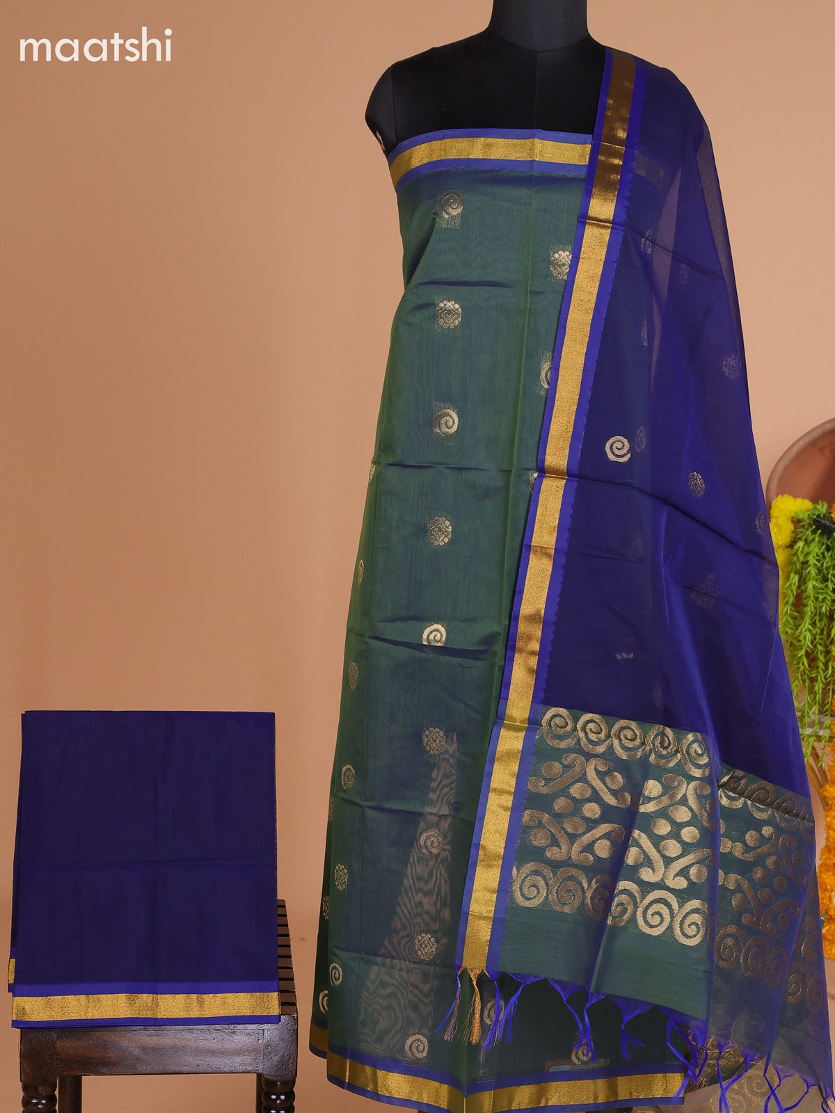 Dual Shade Of Elaichi Green and Blue Semi Silk Cotton Dress Material With Zari Buttas And Bottom & Dupatta
