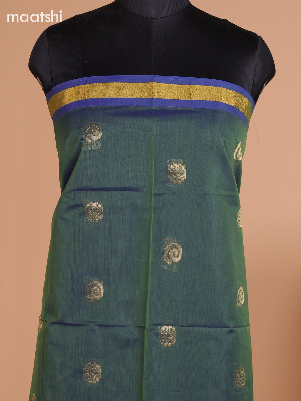 Dual Shade Of Elaichi Green and Blue Semi Silk Cotton Dress Material With Zari Buttas And Bottom & Dupatta