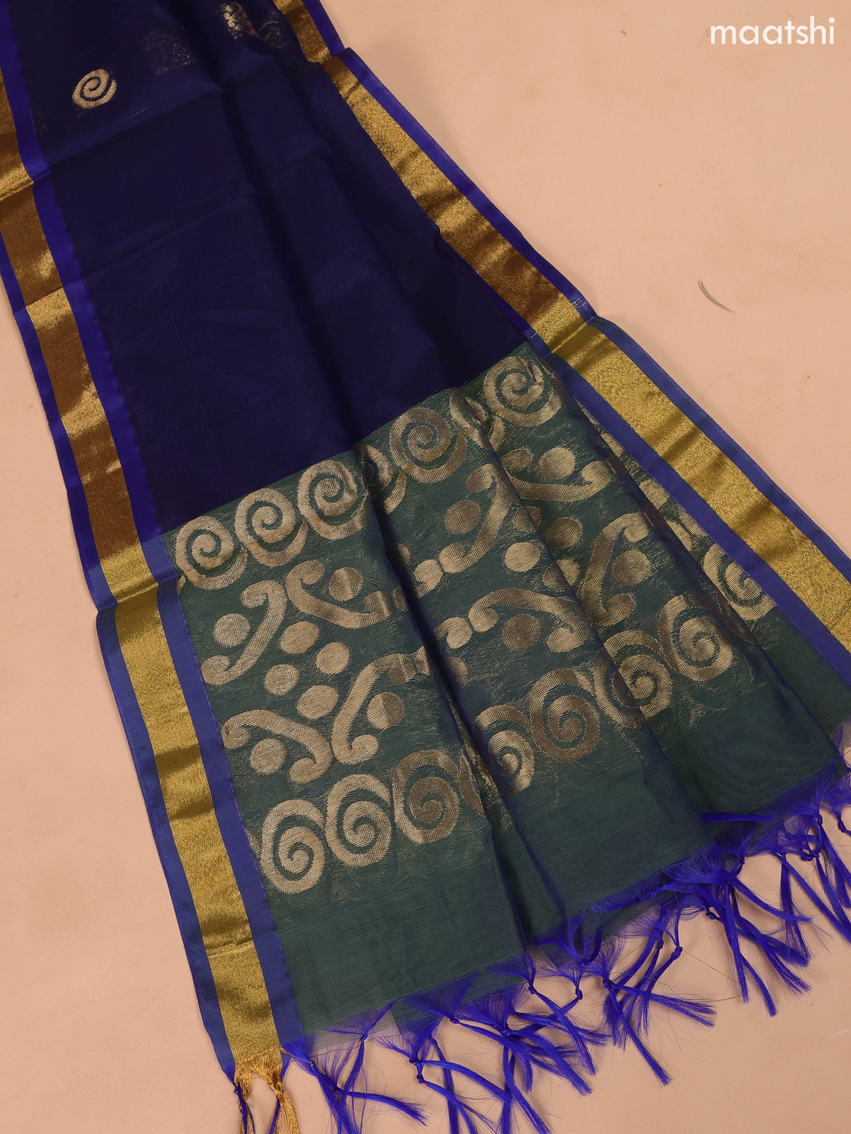 Dual Shade Of Elaichi Green and Blue Semi Silk Cotton Dress Material With Zari Buttas And Bottom & Dupatta