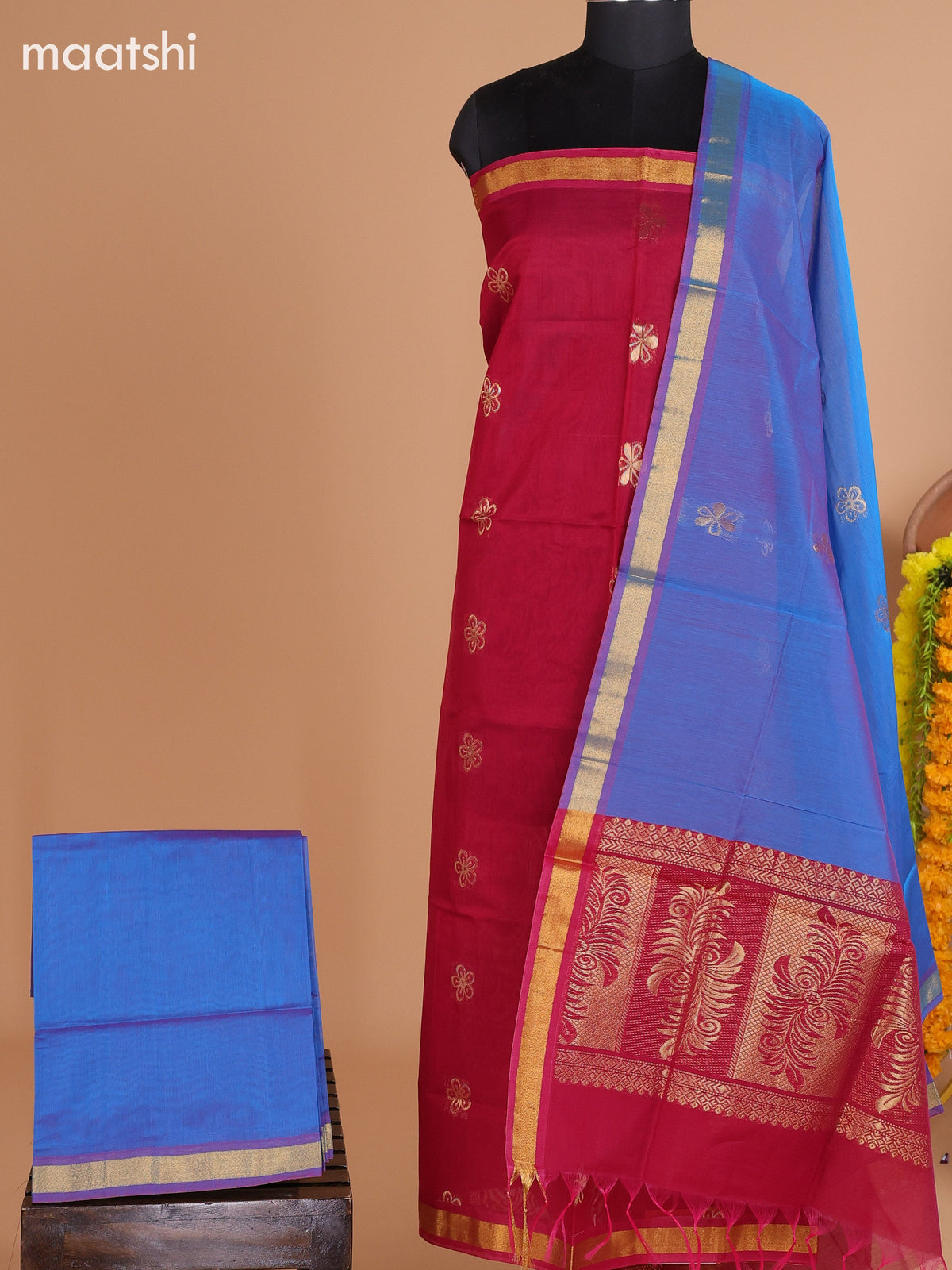 Maroon and Blue Semi Silk Cotton Dress Material With Zari Buttas And Bottom & Dupatta