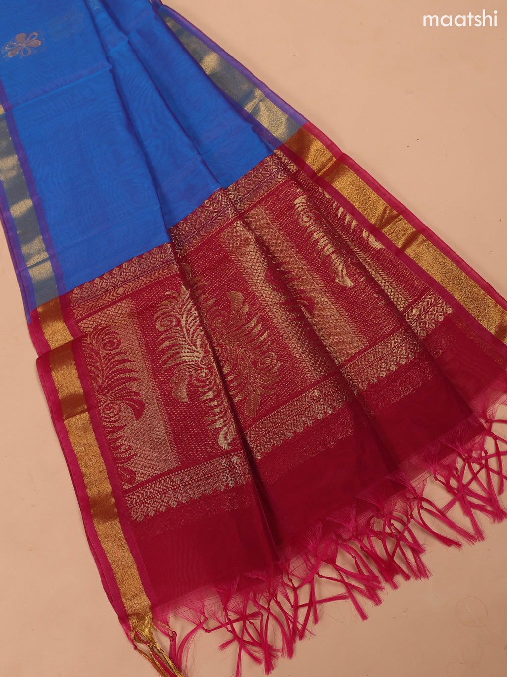 Maroon and Blue Semi Silk Cotton Dress Material With Zari Buttas And Bottom & Dupatta