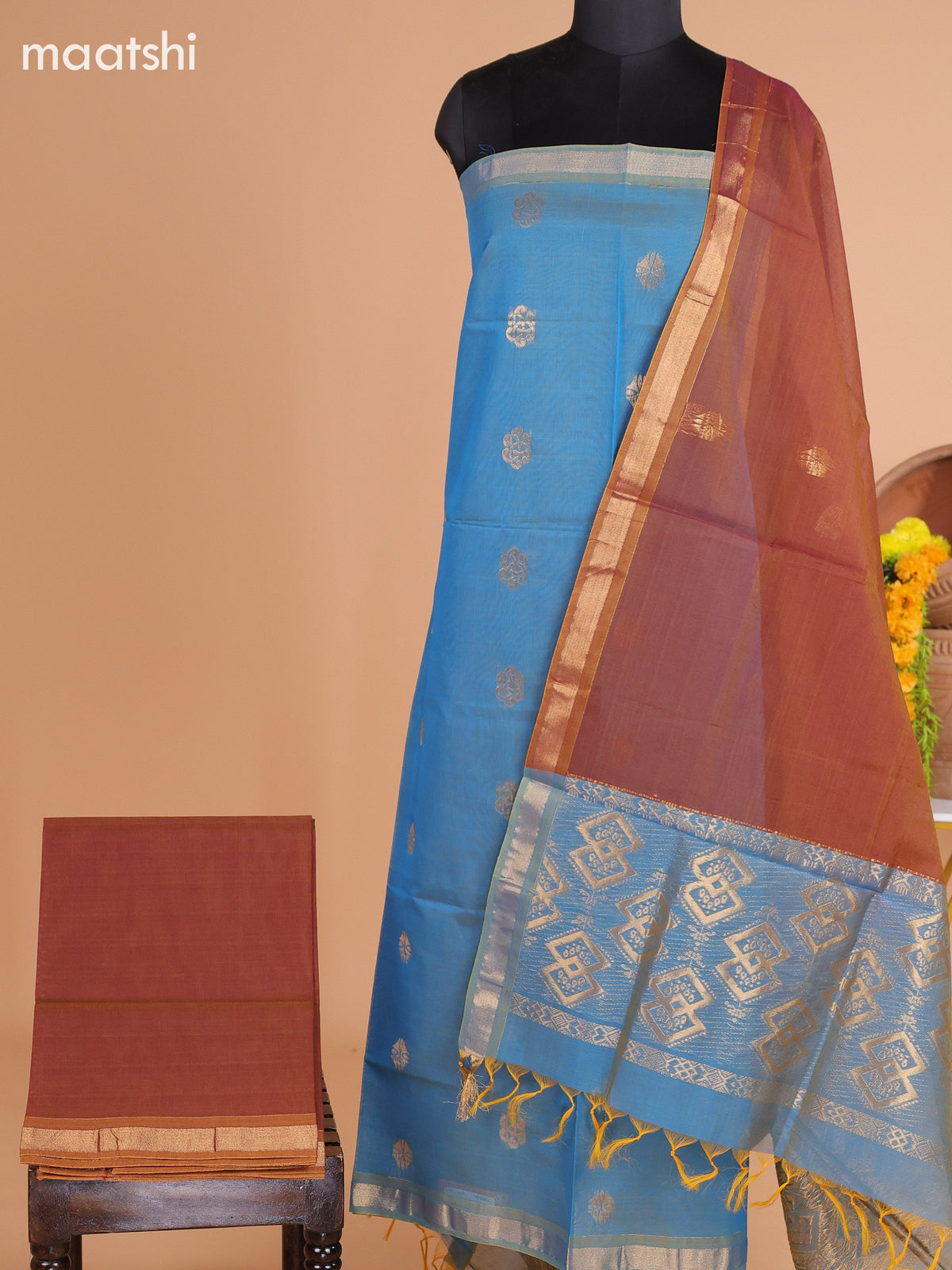 Dual Shade Of Blue and Dual Shade Of Brown Semi Silk Cotton Dress Material With Zari Buttas And Bottom & Dupatta