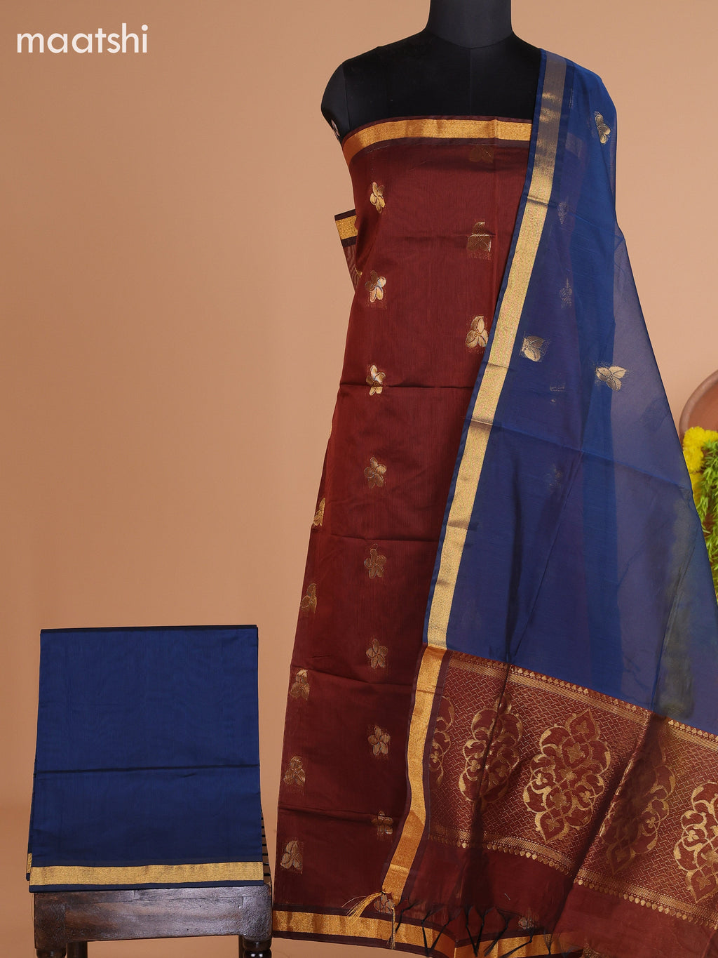 Brown and Peacock Blue Semi Silk Cotton Dress Material With Zari Buttas and Bottom & Dupatta