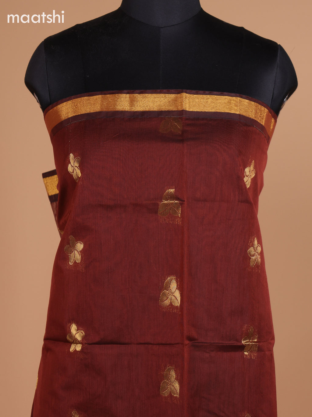Brown and Peacock Blue Semi Silk Cotton Dress Material With Zari Buttas and Bottom & Dupatta