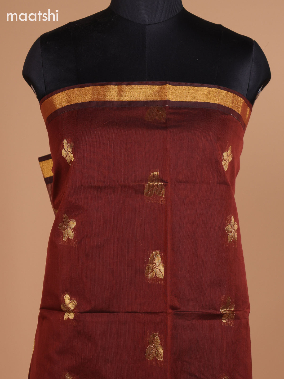 Brown and Peacock Blue Semi Silk Cotton Dress Material With Zari Buttas and Bottom & Dupatta