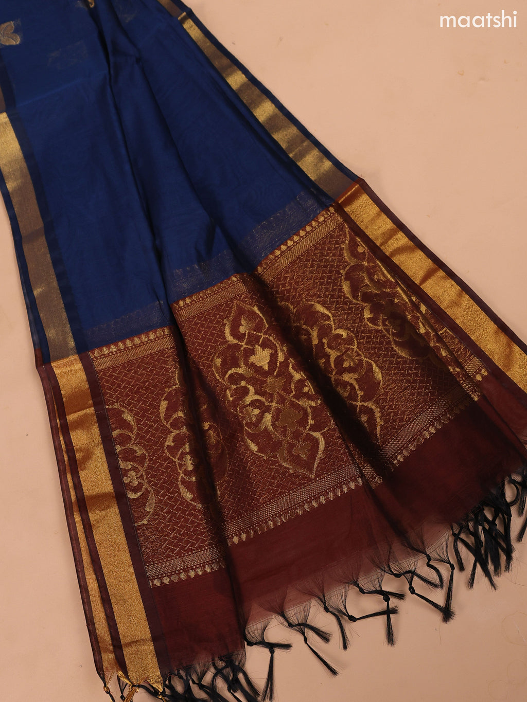 Brown and Peacock Blue Semi Silk Cotton Dress Material With Zari Buttas and Bottom & Dupatta