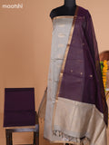Pastel Grey and Deep Purple Semi Silk Cotton Dress Material With Zari Buttas And Bottom & Dupatta