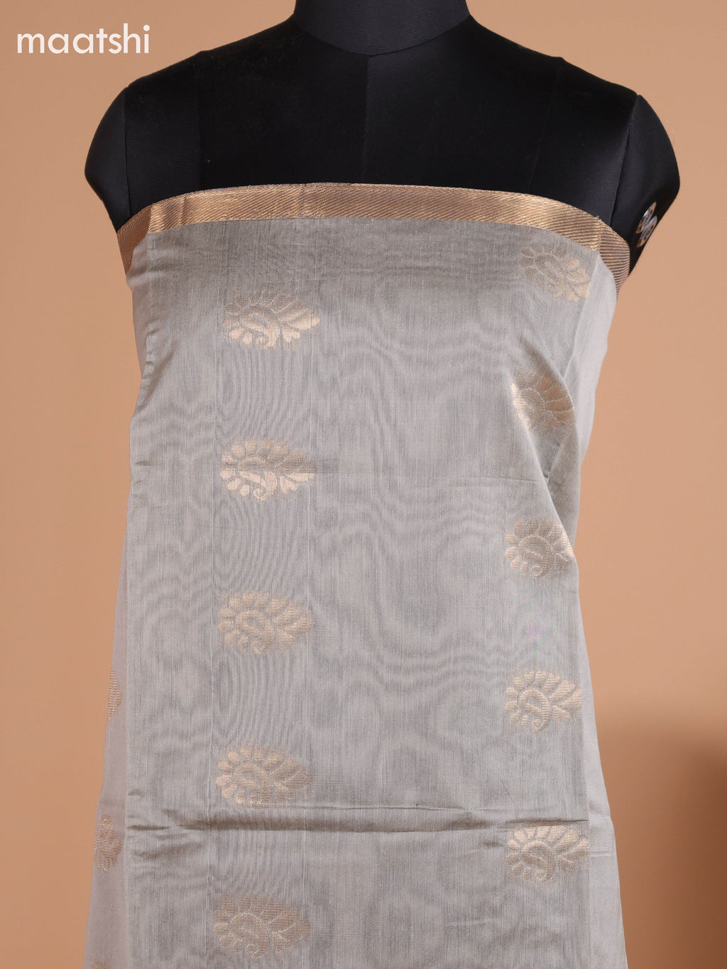 Pastel Grey and Deep Purple Semi Silk Cotton Dress Material With Zari Buttas And Bottom & Dupatta