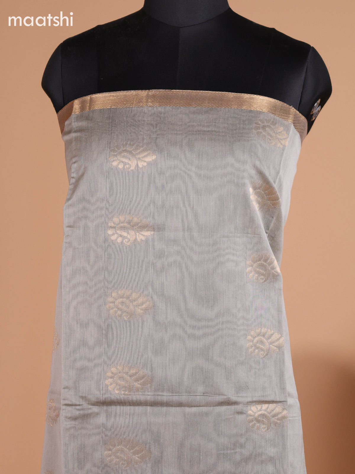 Pastel Grey and Deep Purple Semi Silk Cotton Dress Material With Zari Buttas And Bottom & Dupatta