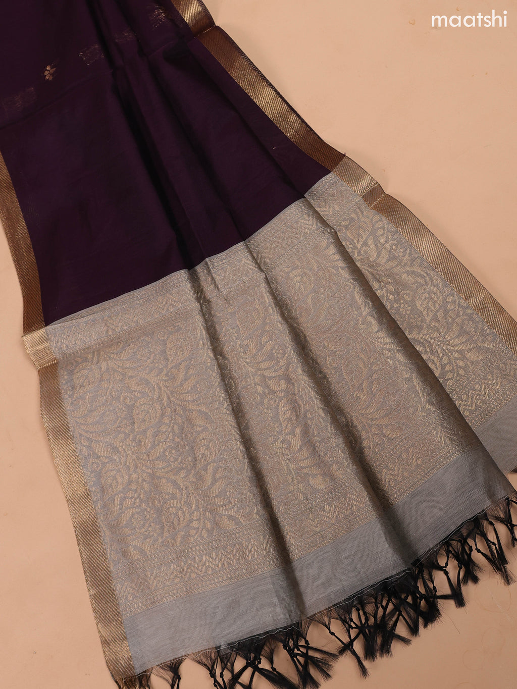 Pastel Grey and Deep Purple Semi Silk Cotton Dress Material With Zari Buttas And Bottom & Dupatta
