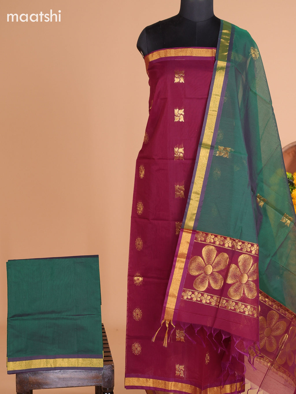 Dark Maroon and Dark Green Semi Silk Cotton Dress Material With Zari Buttas and Bottom & Dupatta